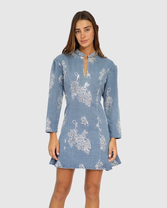 Medium Denim Wash Heart You Denim Beaded Mini Dress with stand collar and button front - front view