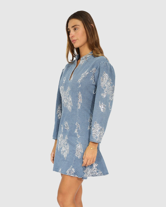 Medium Denim Wash Heart You Denim Beaded Mini Dress with stand collar - alternate view