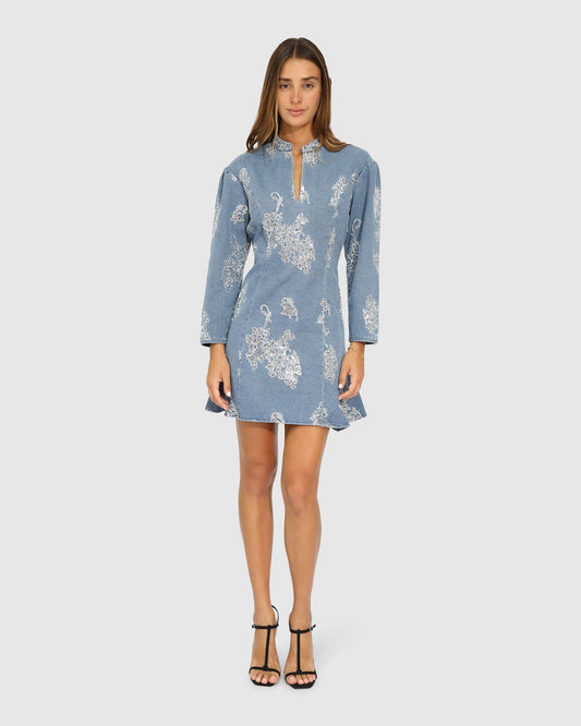 Medium Denim Wash Heart You Denim Beaded Mini Dress with button front - alternate view