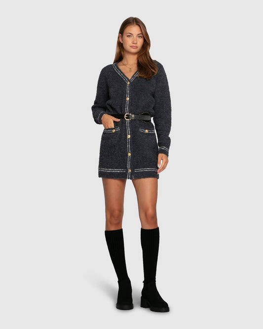 Charcoal Cute In This Mini Cardigan Dress with front button closure with gold buttons - alternate view