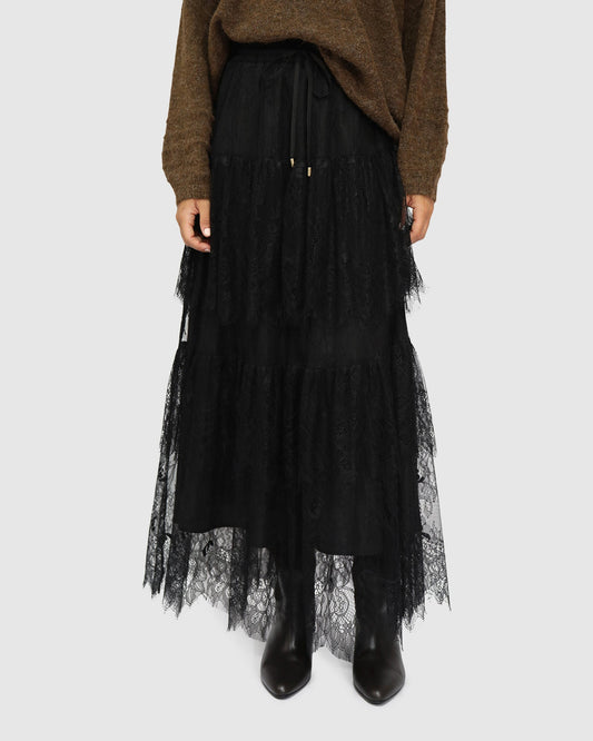 Black Dreamy Days Lace Tiered Skirt with drawstring elasticated waistband with gold cord ends - alternate view