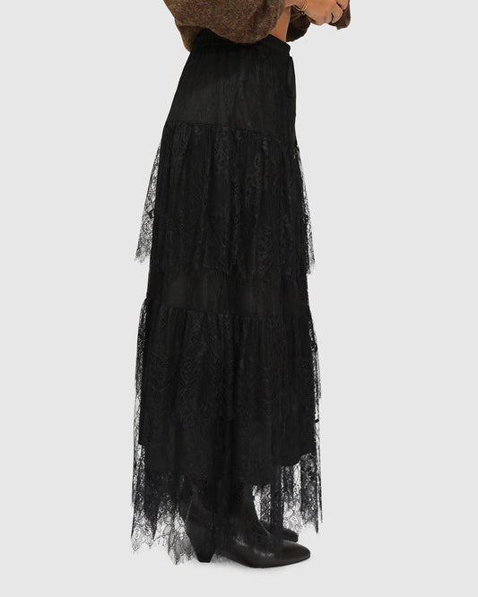 Black Dreamy Days Lace Tiered Skirt with maxi length silhouette - alternate view