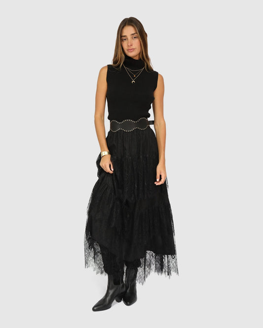 Black Dreamy Days Lace Tiered Skirt with tiered silhouette - alternate view