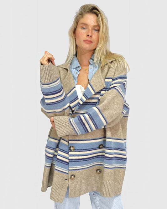 So Many Likes Oversized Knitted Cardi Coat - Beige/Blue