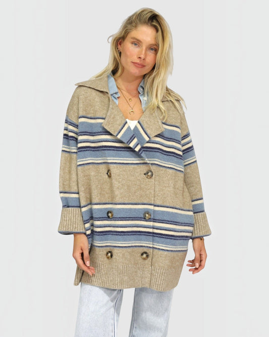 So Many Likes Oversized Knitted Cardi Coat - Beige/Blue