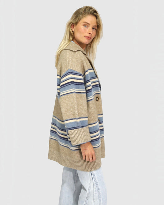 So Many Likes Oversized Knitted Cardi Coat - Beige/Blue