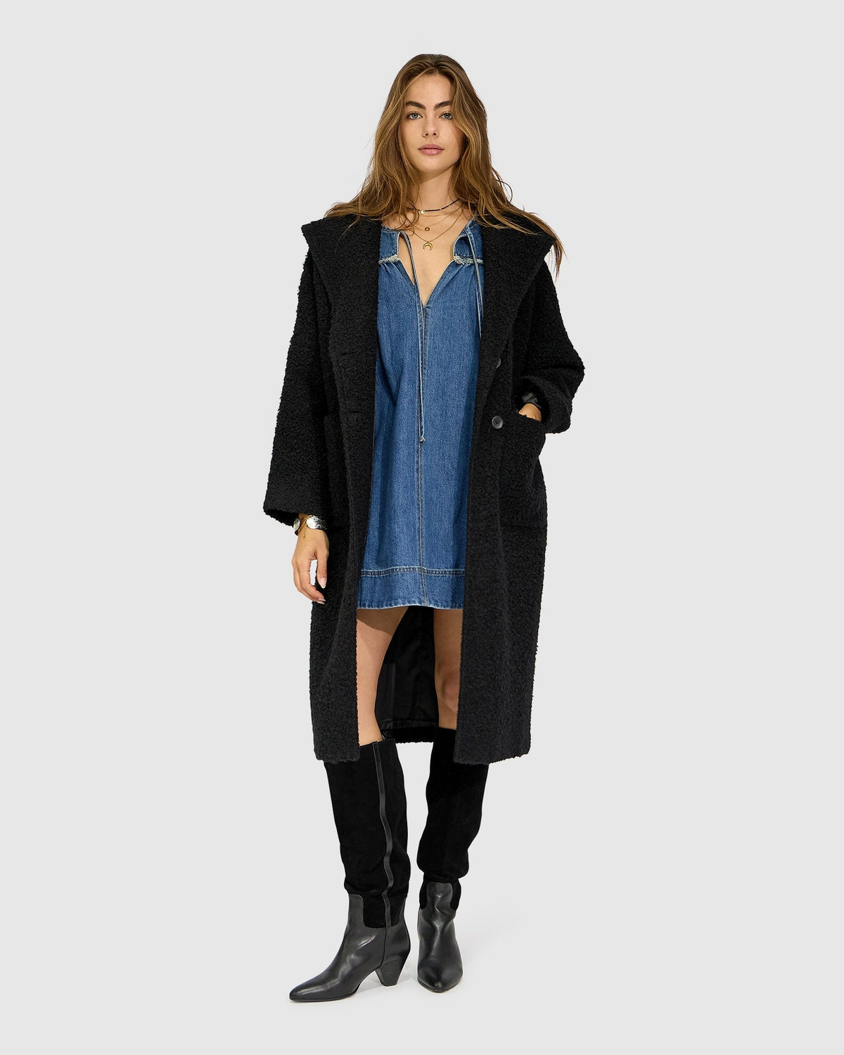 Young Love Hooded Boucle Coat - Black