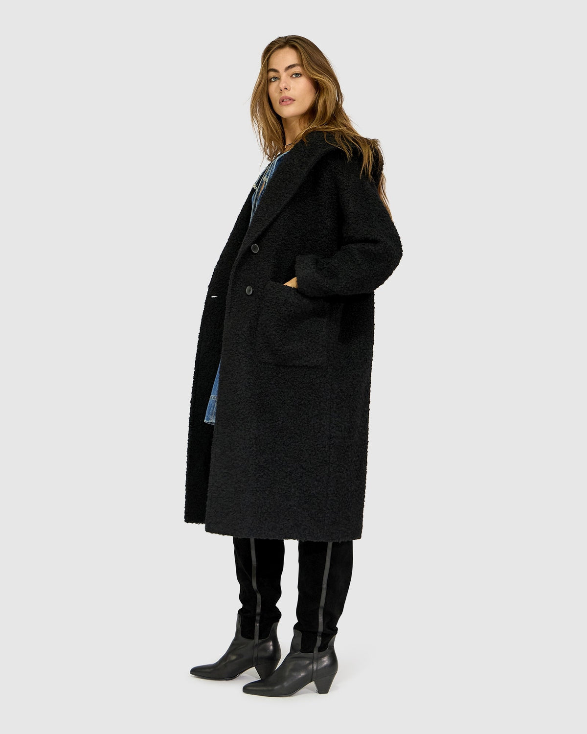 Young Love Hooded Boucle Coat - Black