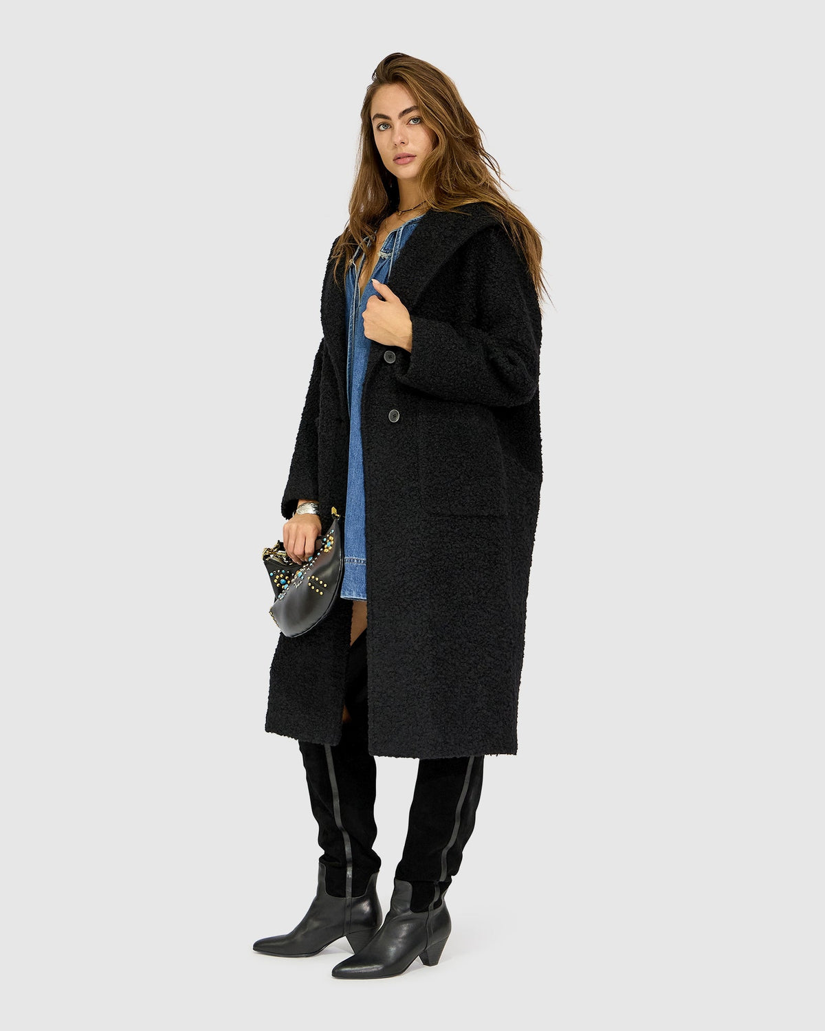 Young Love Hooded Boucle Coat - Black