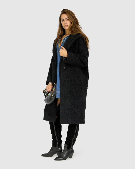 Young Love Hooded Boucle Coat - Black