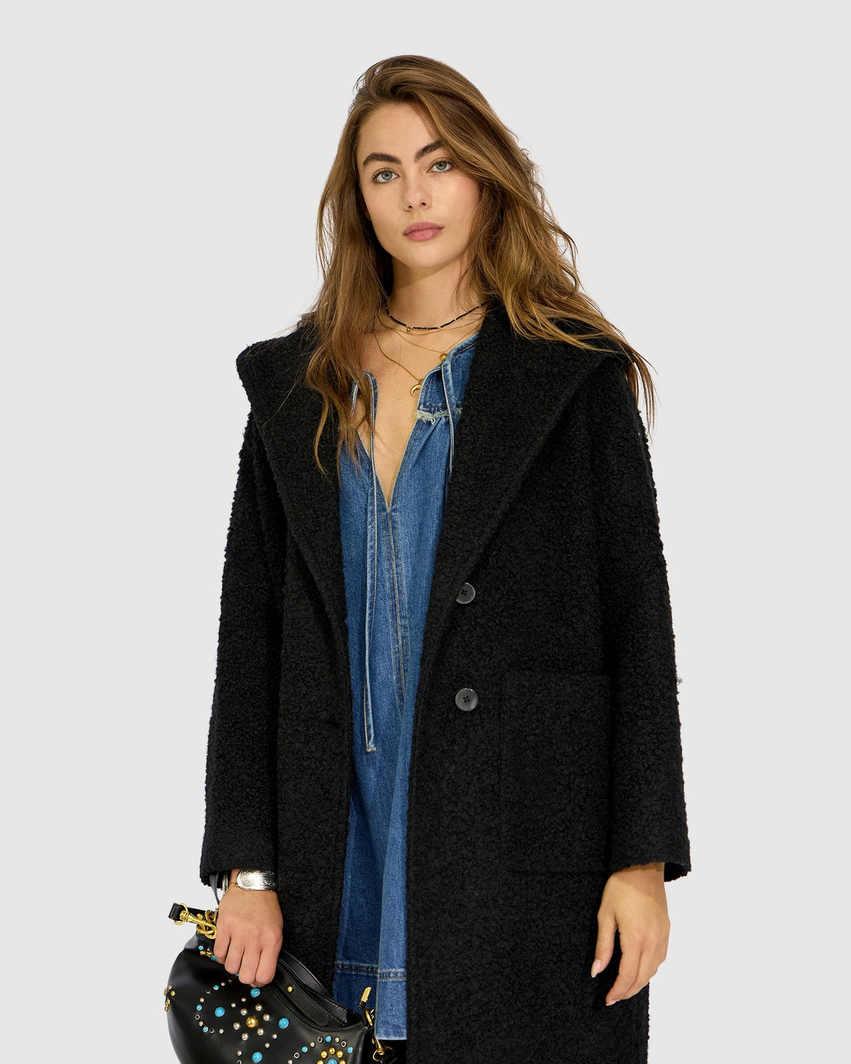 Young Love Hooded Boucle Coat - Black