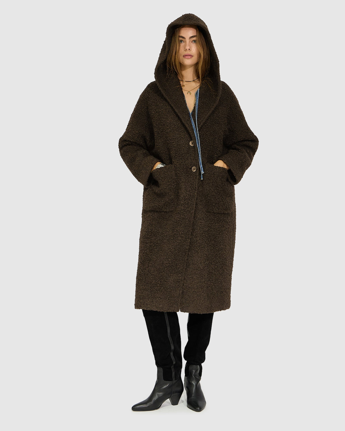 Young Love Hooded Boucle Coat - Chocolate