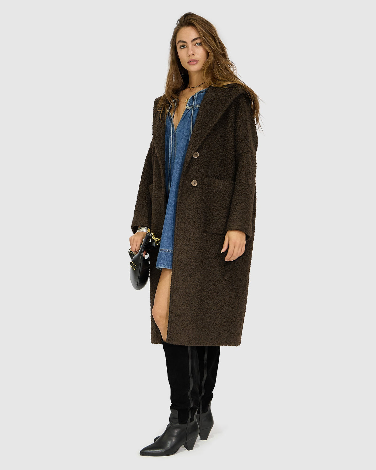 Young Love Hooded Boucle Coat - Chocolate