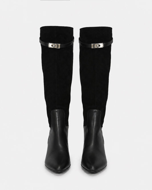 Black Wild Thing Knee-High Boots with removable strap detailing with hardware - alternate view