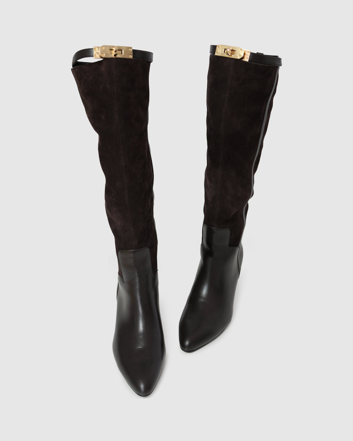 Chocolate Wild Thing Knee-High Boots with removable strap detailing with hardware - alternate view
