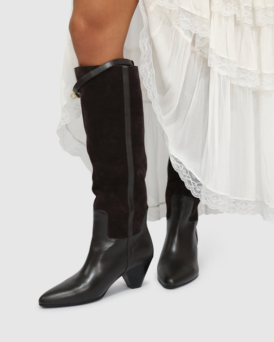 Chocolate Wild Thing Knee-High Boots with removable strap detailing with hardware - alternate view