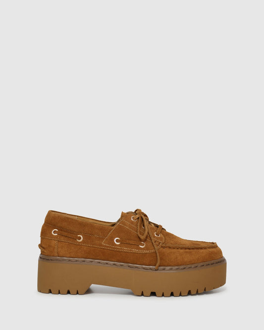 Caramel Yachting Day Suede Boat Shoe with contrast stitching and contrast topstitching - front view