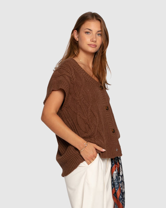Chocolate Rosette Oversized Knitted Vest with V-neckline - alternate view