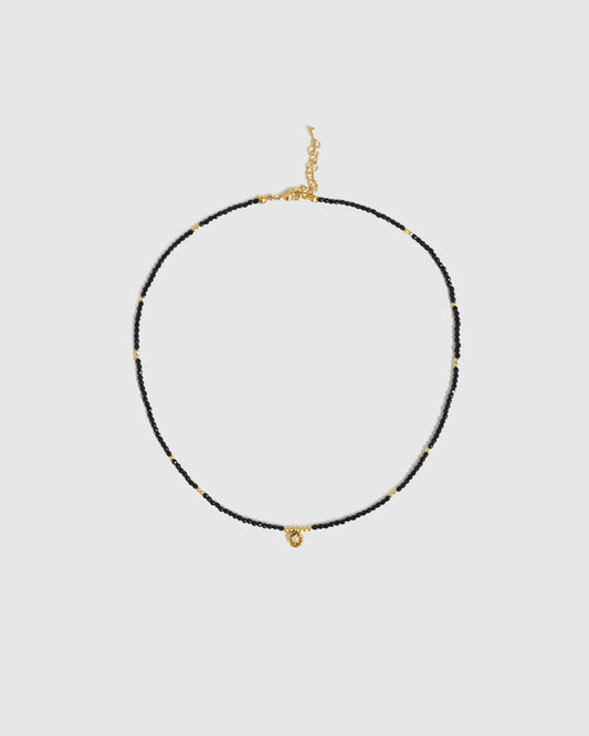 Black & Gold Soft Glow Beaded Necklace with faceted black beaded necklace - front view