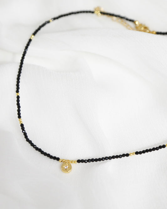 Black & Gold Soft Glow Beaded Necklace with faceted black beaded necklace - alternate view