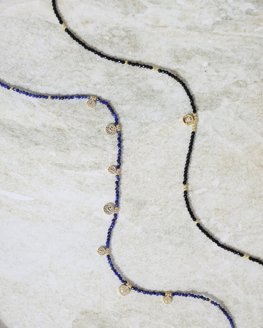 Black & Gold Soft Glow Beaded Necklace with faceted black beaded necklace - alternate view
