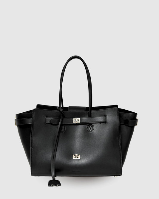 Black In The City Leather Shoulder Bag with top handle and structured tote silhouette - front view