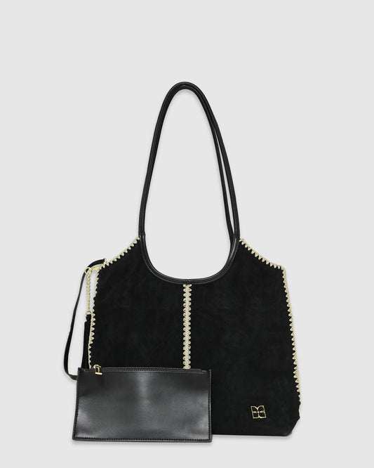 Black Back To Friends Suede Shopper with contrast whipstitch trim and shoulder straps - front view