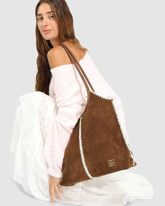 Tan Back To Friends Suede Shopper with contrast whipstitch trim - alternate view