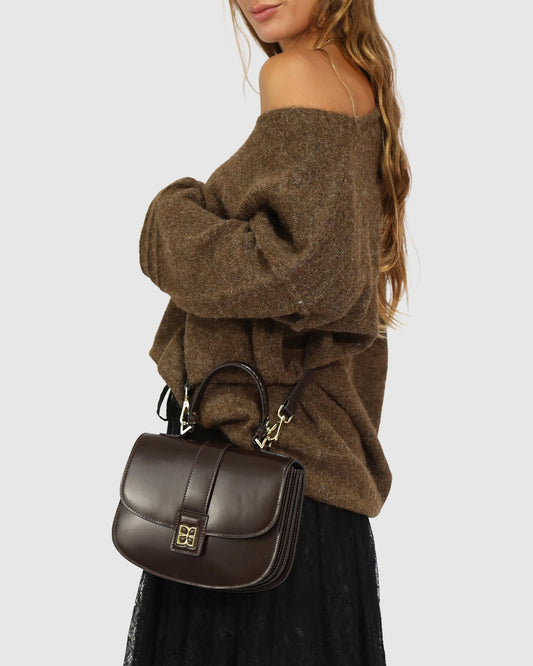 Chocolate Shy Boy Top Handle Folio Bag with adjustable straps and top handle - front view