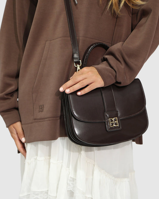 Chocolate Shy Boy Top Handle Folio Bag with adjustable and detachable crossbody strap - alternate view