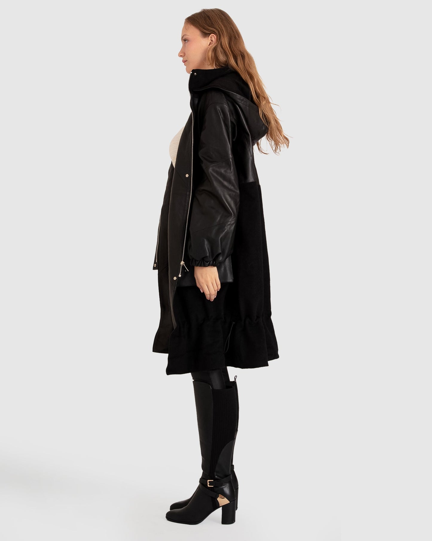 Back to Black Oversized Leather Panelled Coat - Black