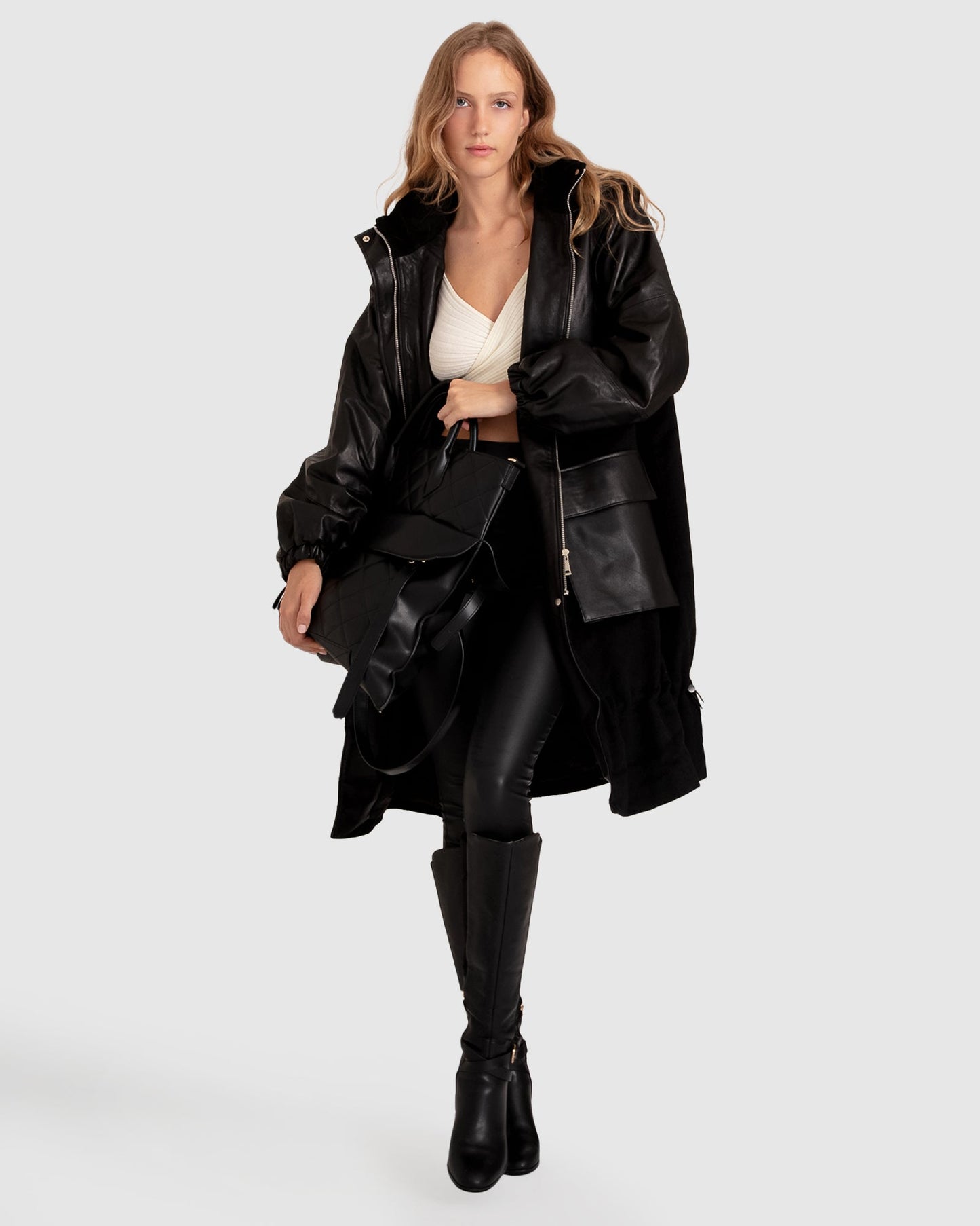Back to Black Oversized Leather Panelled Coat - Black