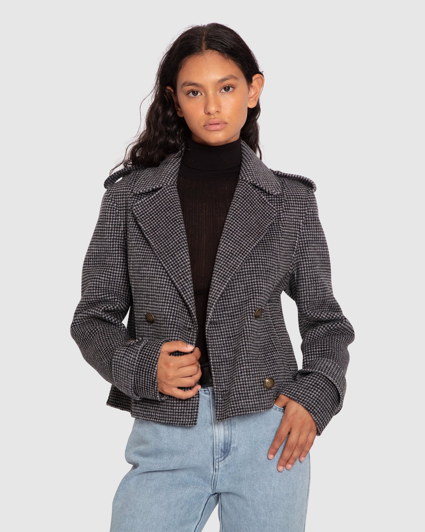 Better Off Wool Blend Military Peacoat - Black/White