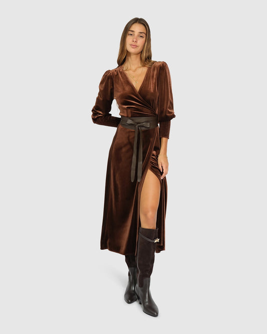 Chocolate Current Mood Velvet Wrap Dress with wrap front and wrap-style front - front view