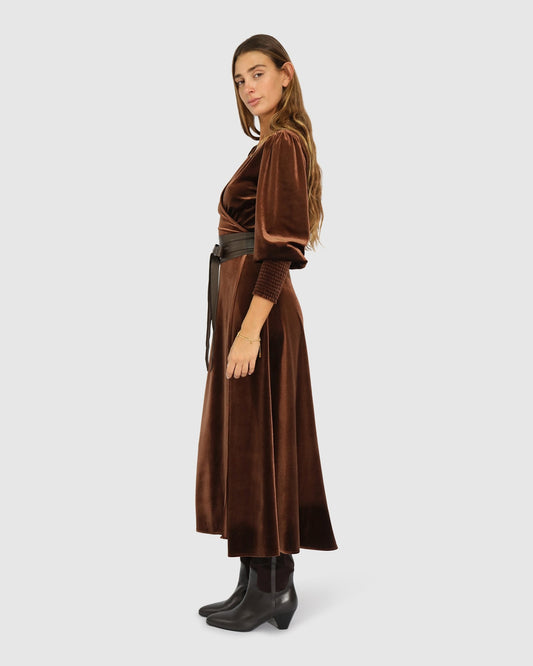 Chocolate Current Mood Velvet Wrap Dress with long sleeves with smocked cuffs - alternate view
