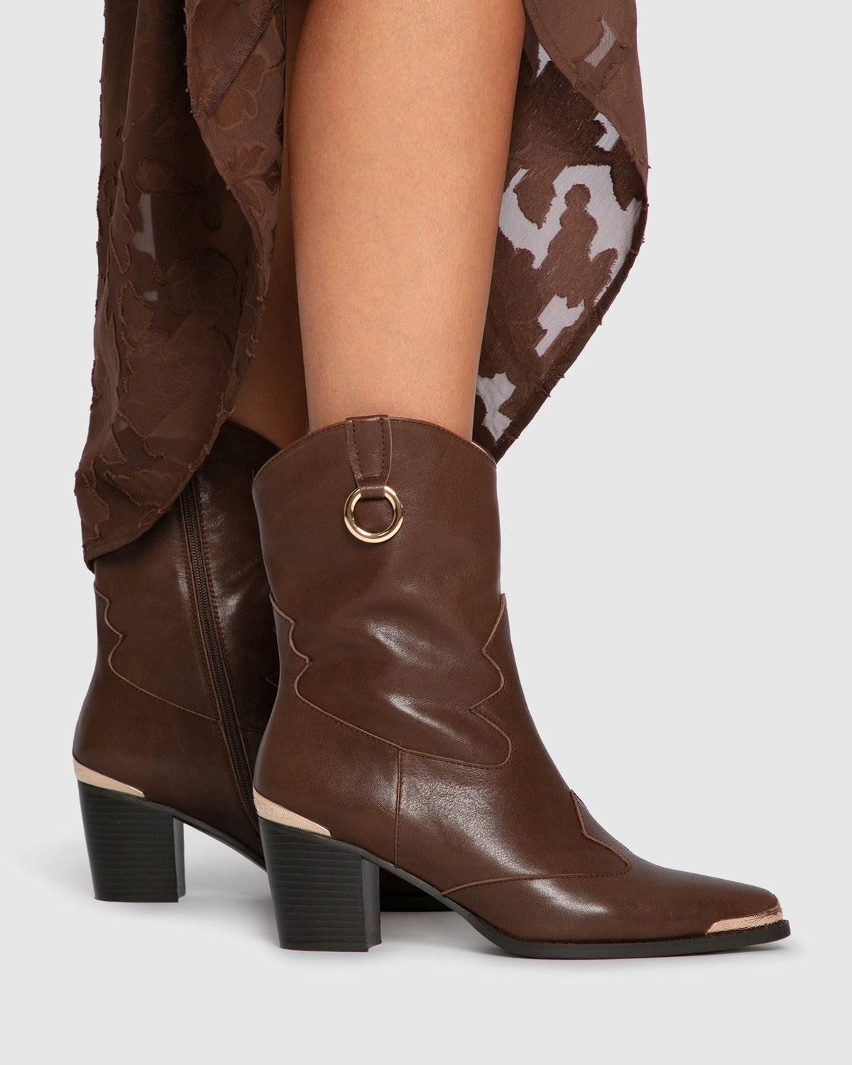 Chocolate Dallas Western Boot with inner side zipper and gold hardware - front view