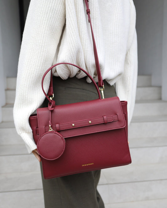 Burgundy Duchess PU Bag with top handle and handle drop: 15cm - front view