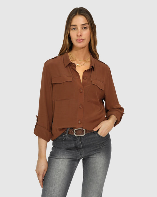 Chocolate Eclipse Rolled Sleeve Blouse with long sleeve with roll tab and chest pockets with flap - front view