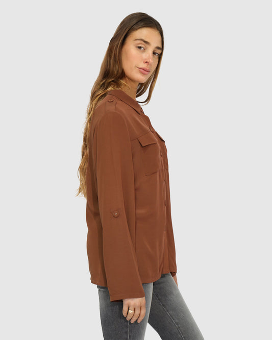 Chocolate Eclipse Rolled Sleeve Blouse with long sleeve with roll tab - alternate view