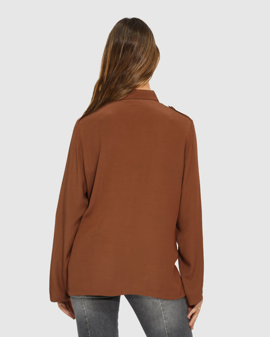 Chocolate Eclipse Rolled Sleeve Blouse with chest pockets with flap - alternate view