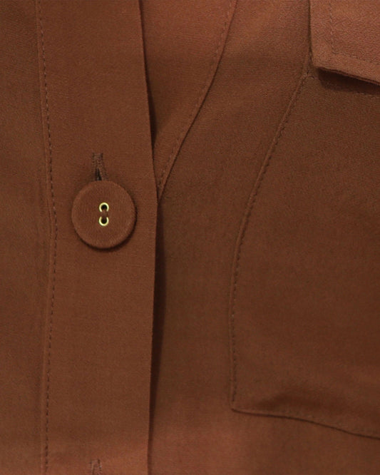 Chocolate Eclipse Rolled Sleeve Blouse with fabric covered buttons with gold detail - alternate view
