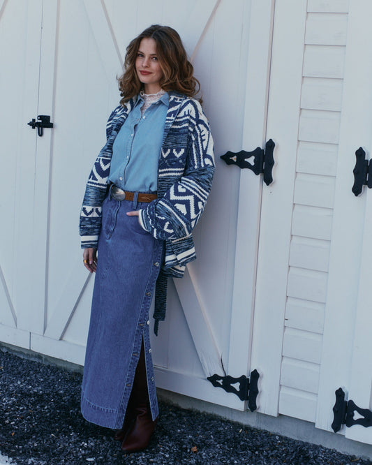 Mid Denim Wash Edge Line Denim Maxi Skirt with Side Buttons with high-rise waistband and straight maxi silhouette - front