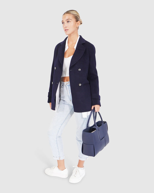 Forget You Wool Blend Military Peacoat - Navy
