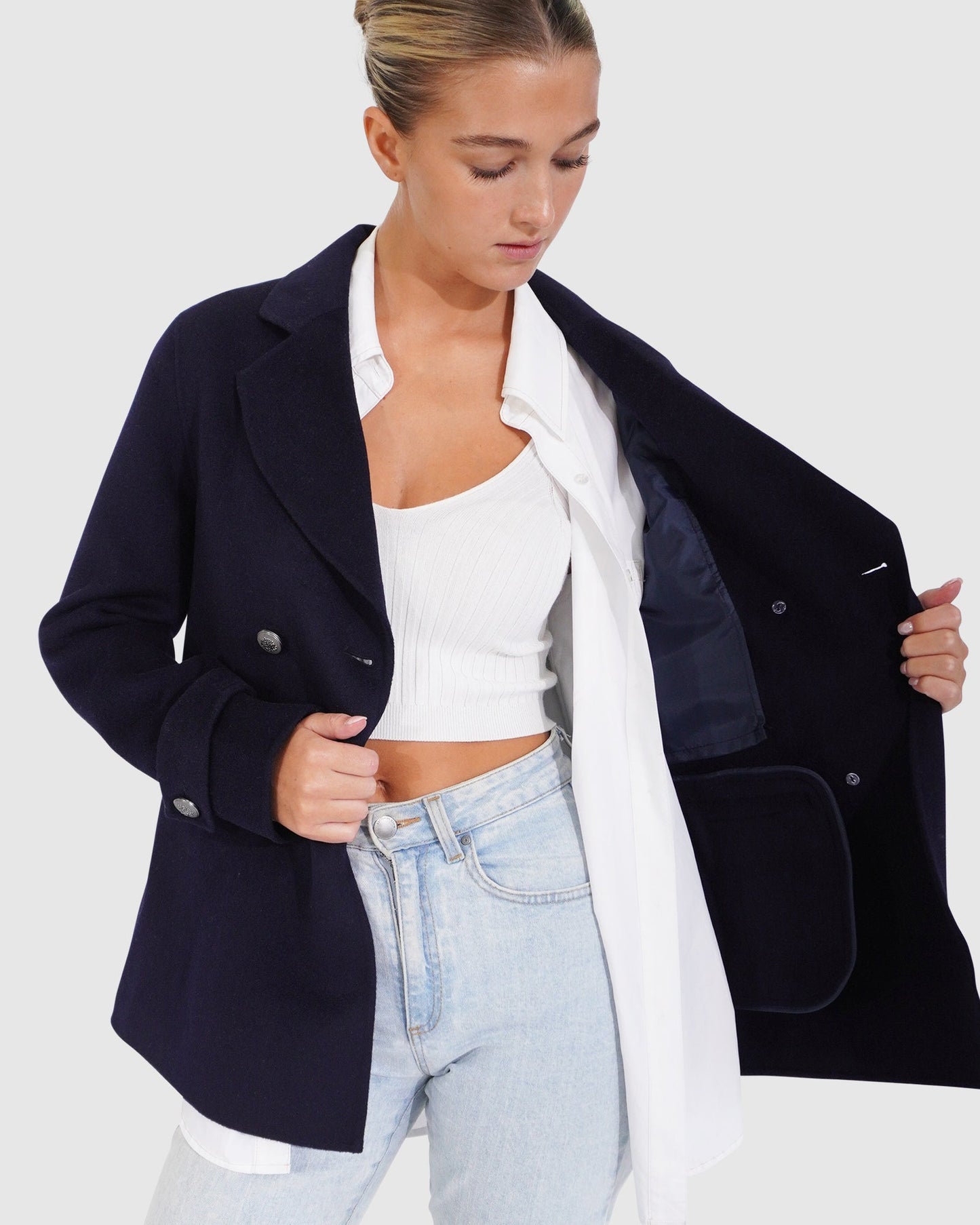 Forget You Wool Blend Military Peacoat - Navy