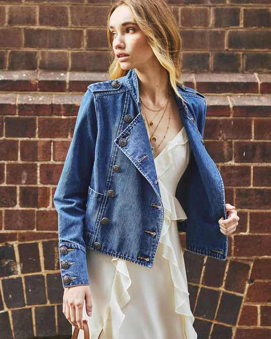 Blue Wash Front Line Military Denim Jacket with double-breasted front and cropped silhouette - front view
