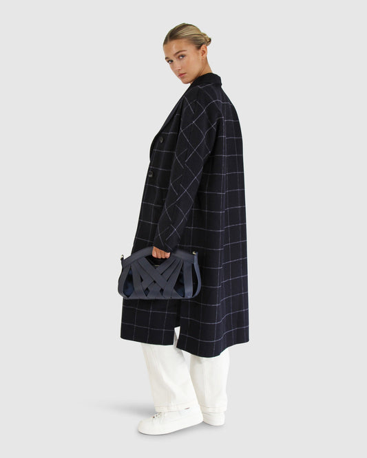 Guestlist Wool Blend Oversized Double Breasted Coat - Navy Plaid