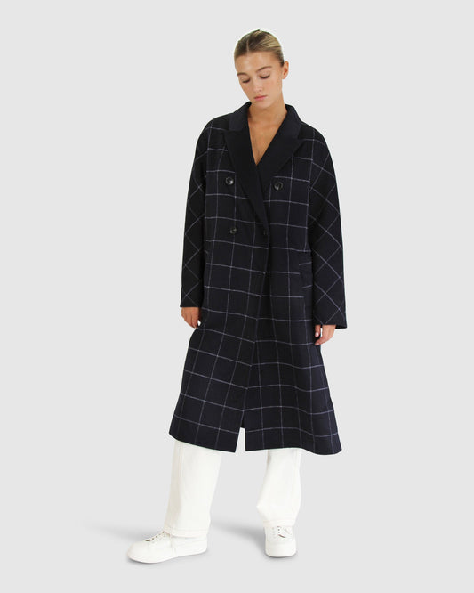 Guestlist Wool Blend Oversized Double Breasted Coat - Navy Plaid
