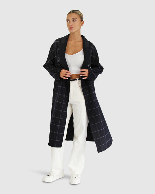 Guestlist Wool Blend Oversized Double Breasted Coat - Navy Plaid