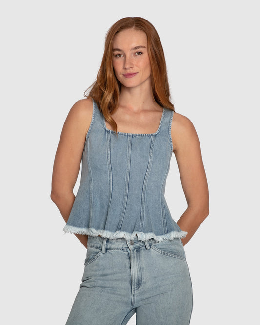 Hold Me Brave Fringed Hem Denim Top - Stonewash