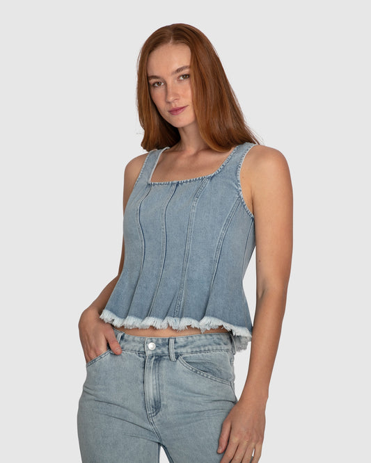 Hold Me Brave Fringed Hem Denim Top - Stonewash